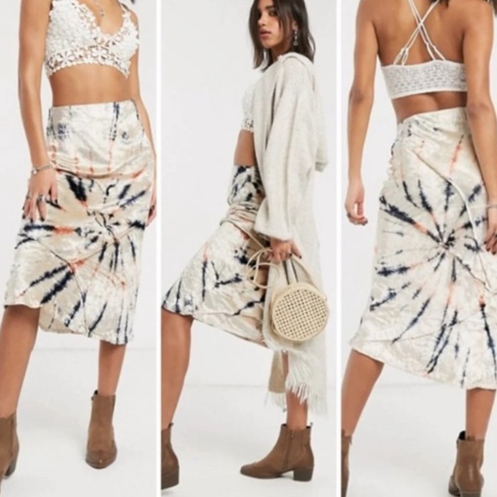 NWT Free People Serious Swagger Tie Dye Velvet Long Lines Midi Skirt Siz…